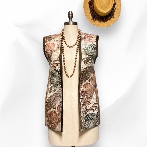 Montsuki Honolulu Vest Silk Samurai Inspired Lotus Brocade Rayon NWT 1970s - Picture 3 of 15